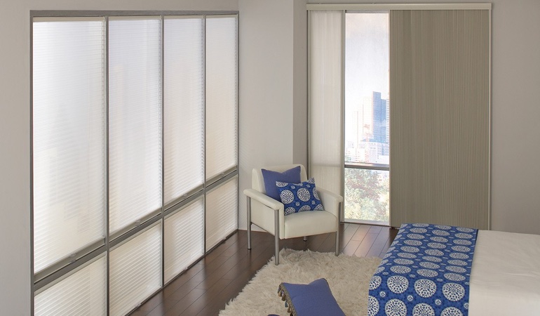 Cellular shades in a minimalistic apartment.